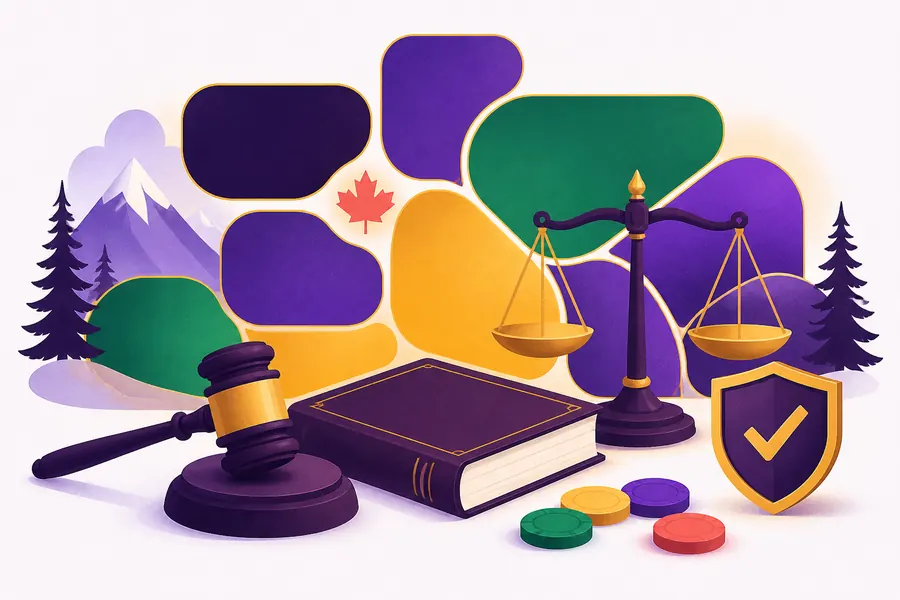 Gavel, rulebook and balance scale in front of abstract provinces