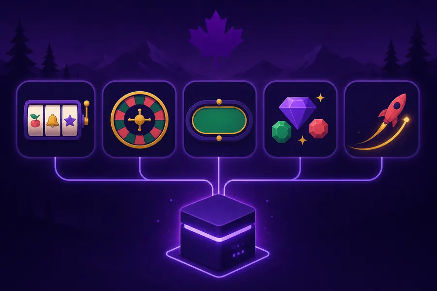 Five game tiles linked to a central server: slots, roulette, table, gems and crash