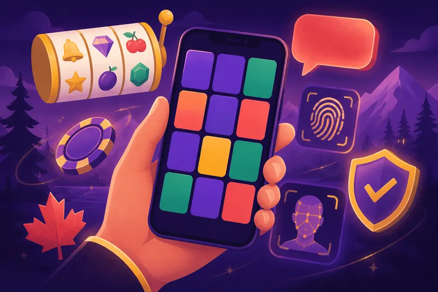 Hand holding a phone with a grid of colourful casino games